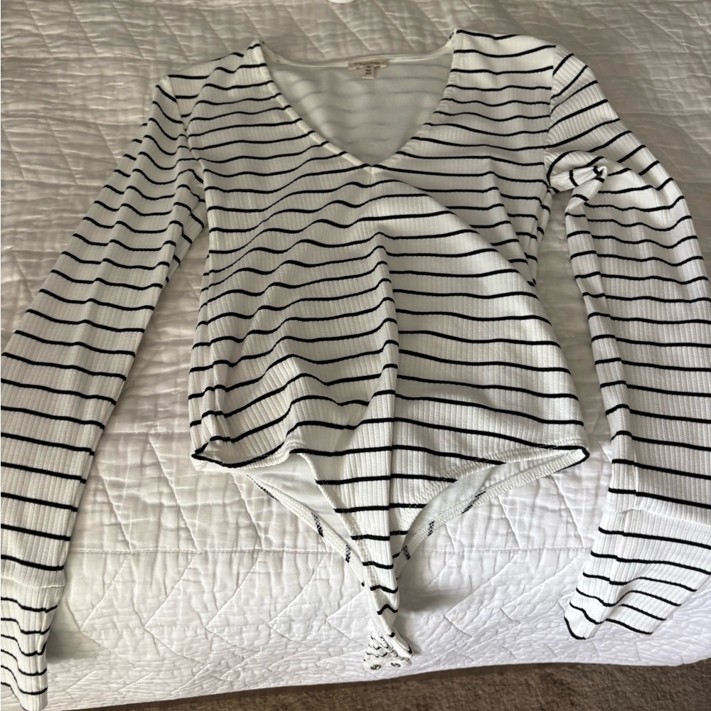 Pilcro White Bodysuit with Black Stripes - V-Neck Long Sleeve